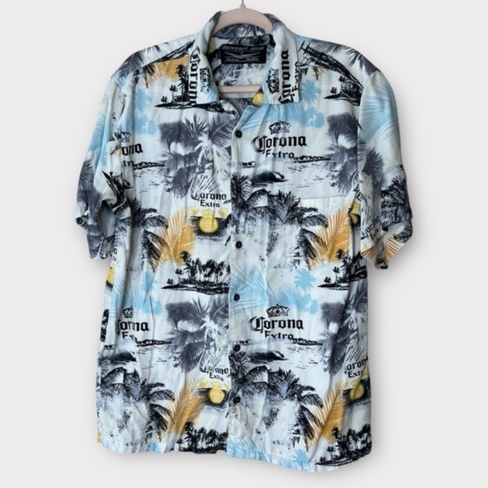 Corona tropical palm tree beach Hawaiian shirt
